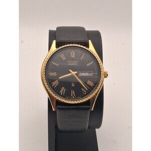 Citizen Quartz Black Dial Day Date Leather Unisex Watch 35mm Roman Numerals